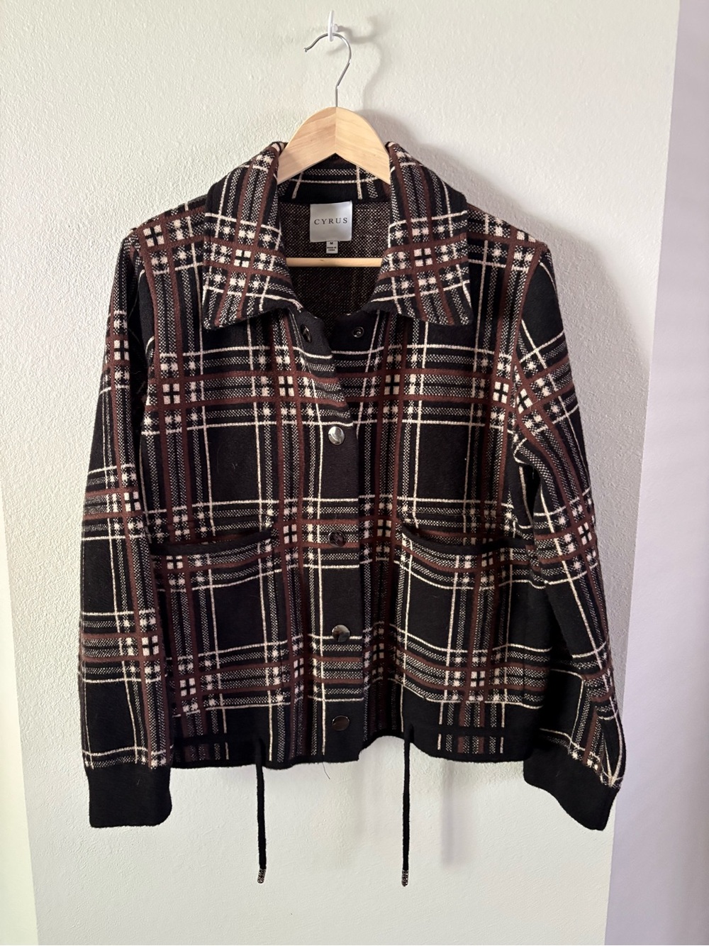 Cyrus Black, Brown & Cream Plaid Chunky Knit Button-Front Jacket Medium